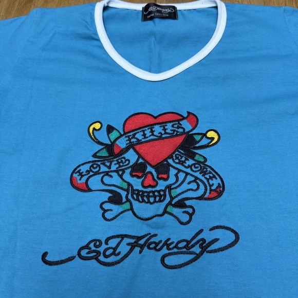 Ed Hardy T-shirt women's small embroidered love kills slowly skull heart y2k - Picture 2 of 7